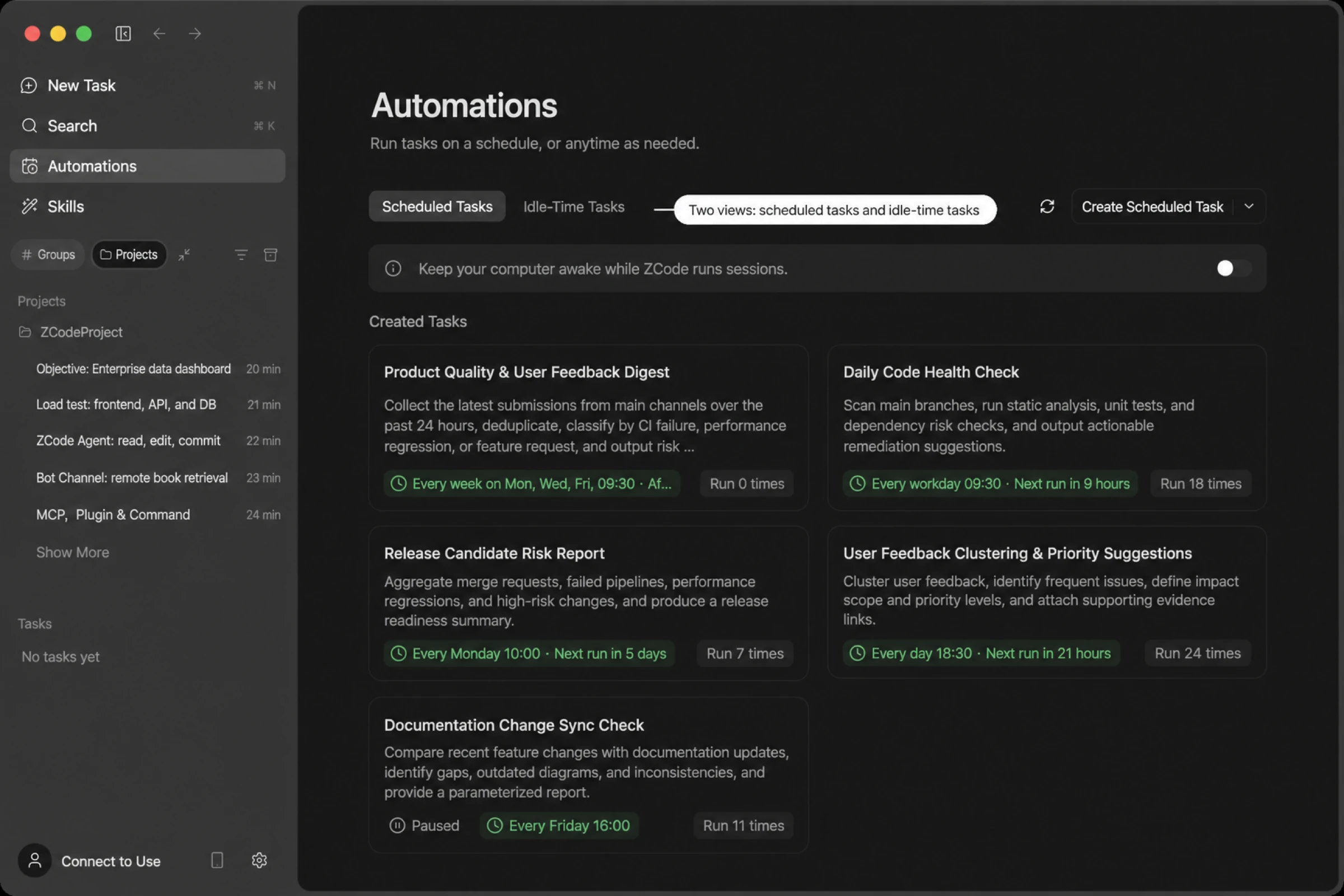 Automations main view: Scheduled tasks and Idle-time tasks tabs, the keep-awake switch, and each created task's schedule summary, next run time, and run count