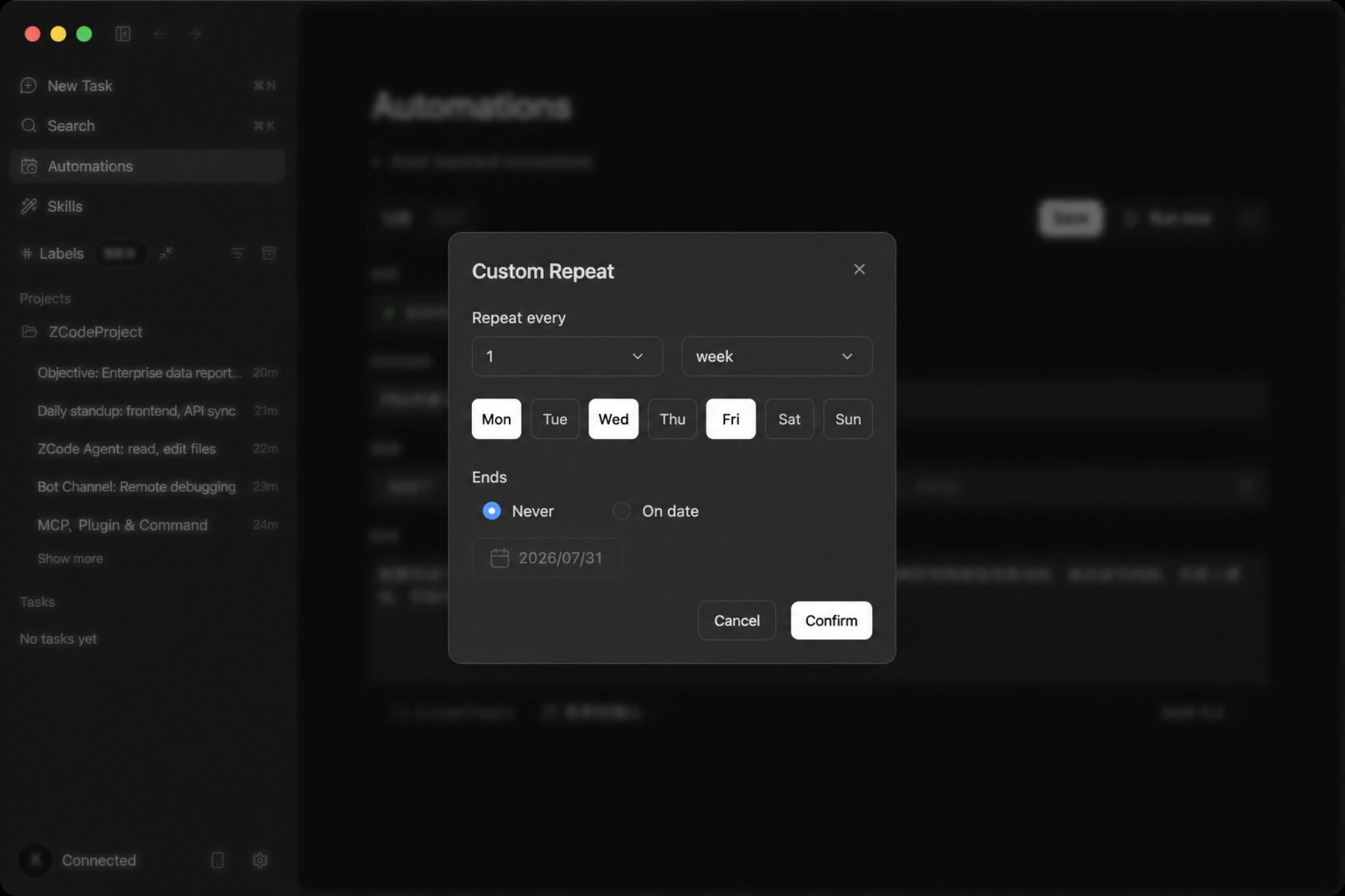 Custom repeat dialog: repeat weekly on selected weekdays, ending never or on a chosen date