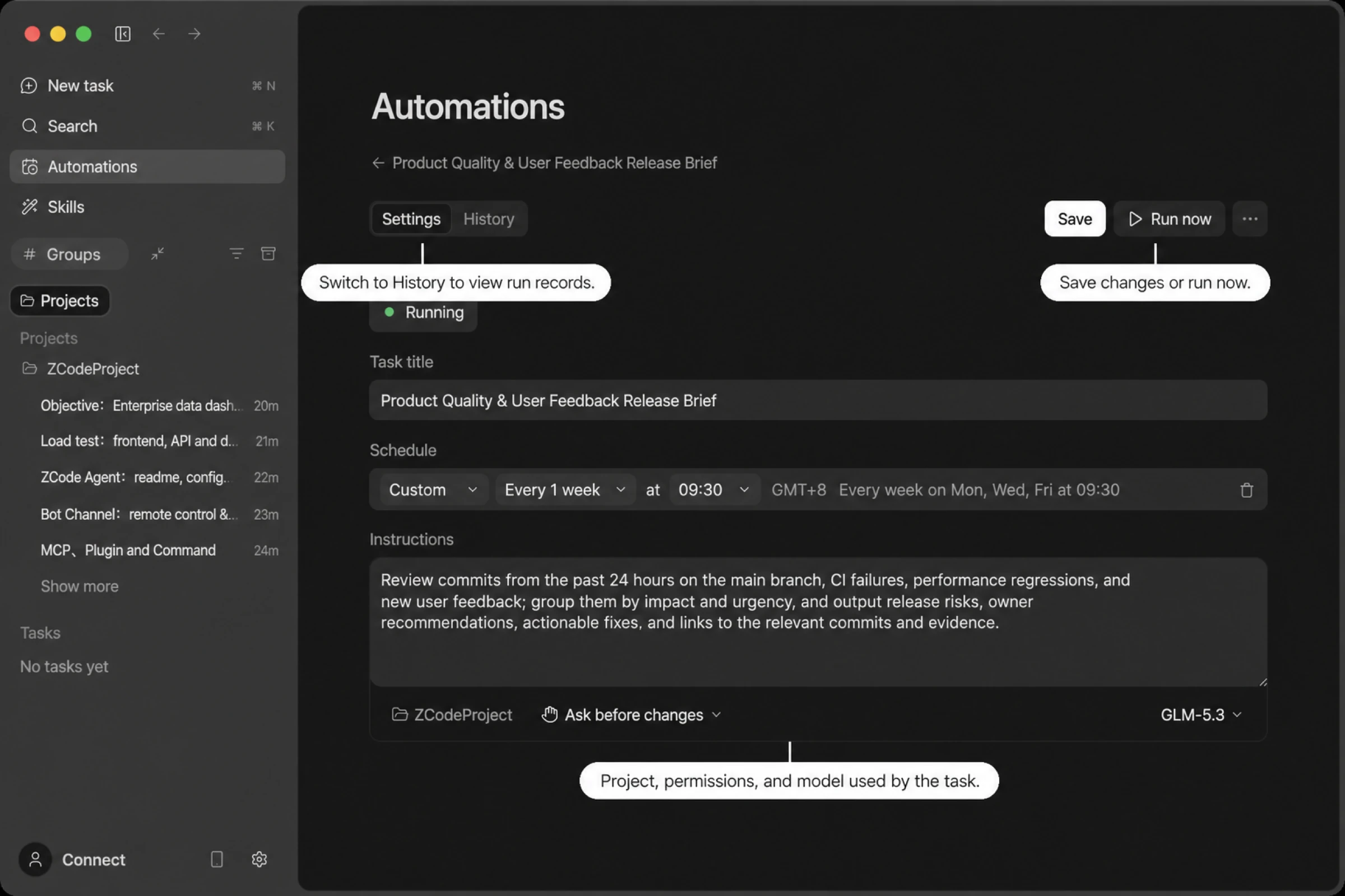 Scheduled task detail page: status, schedule summary, instructions, and the bottom toolbar; save changes or run now from the top-right