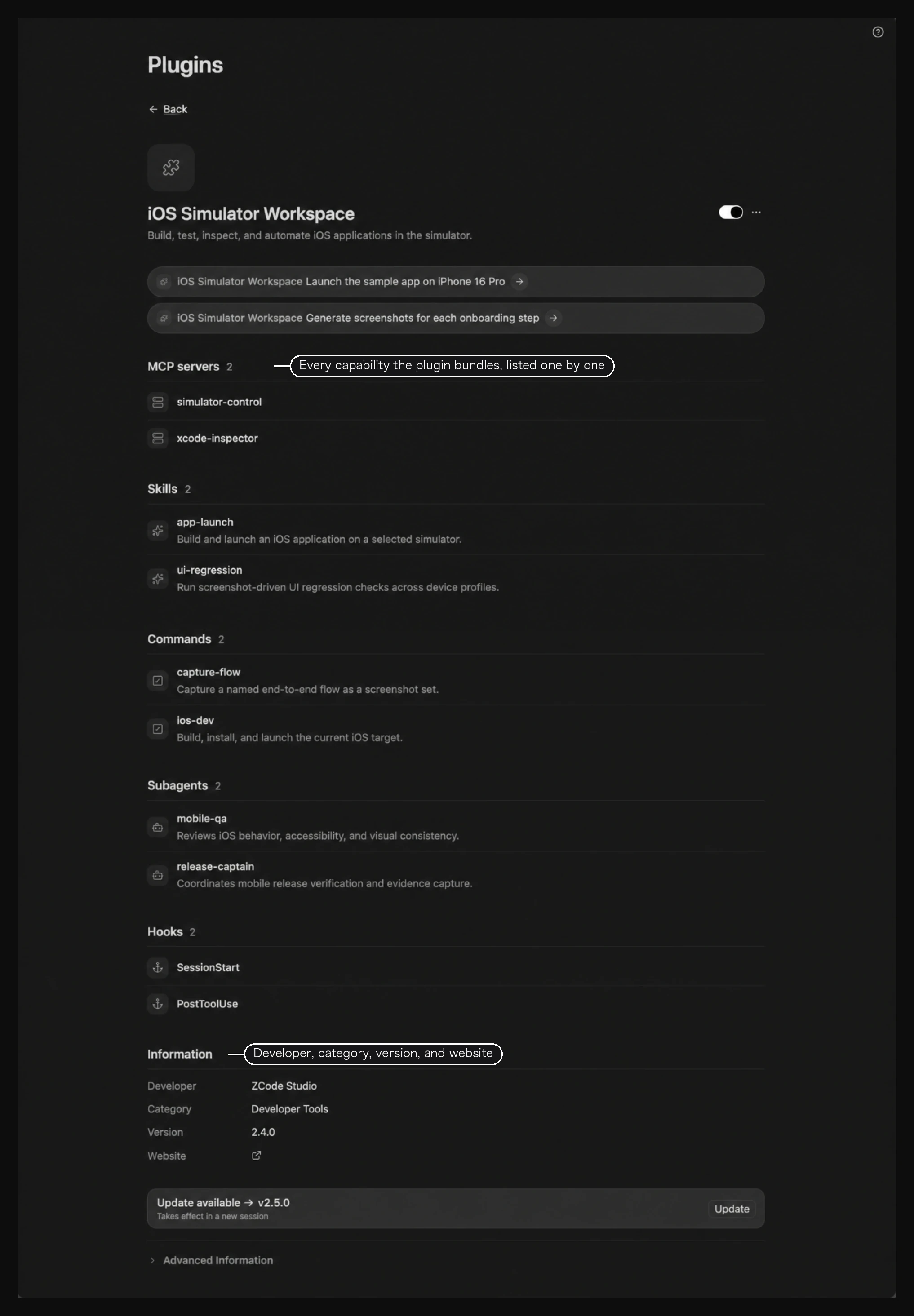 Plugin detail page: MCP servers, skills, commands, subagents, and hooks listed one by one, with developer, category, and version info below