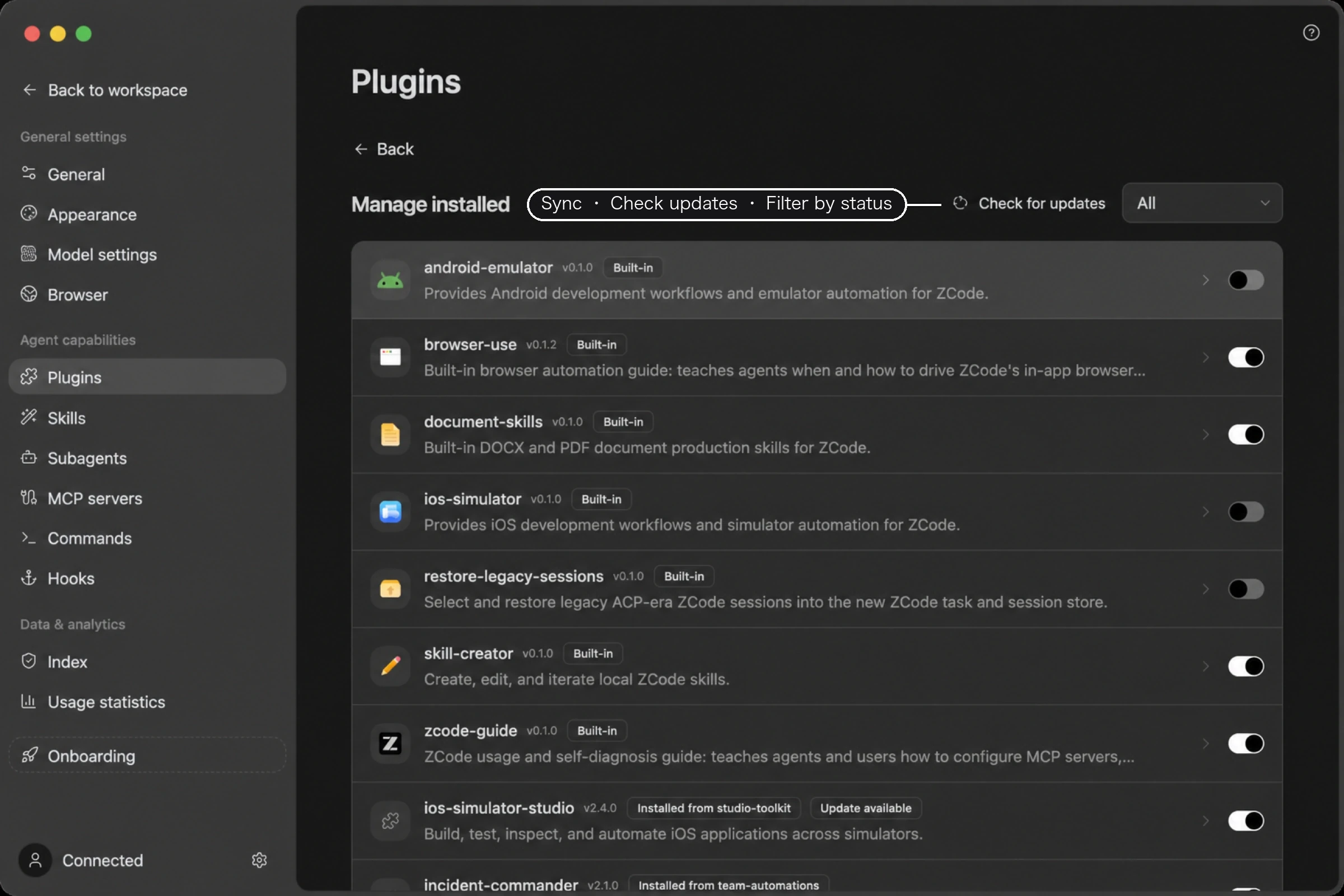 Manage installed: the plugin list with versions, source badges, update markers, and enable switches