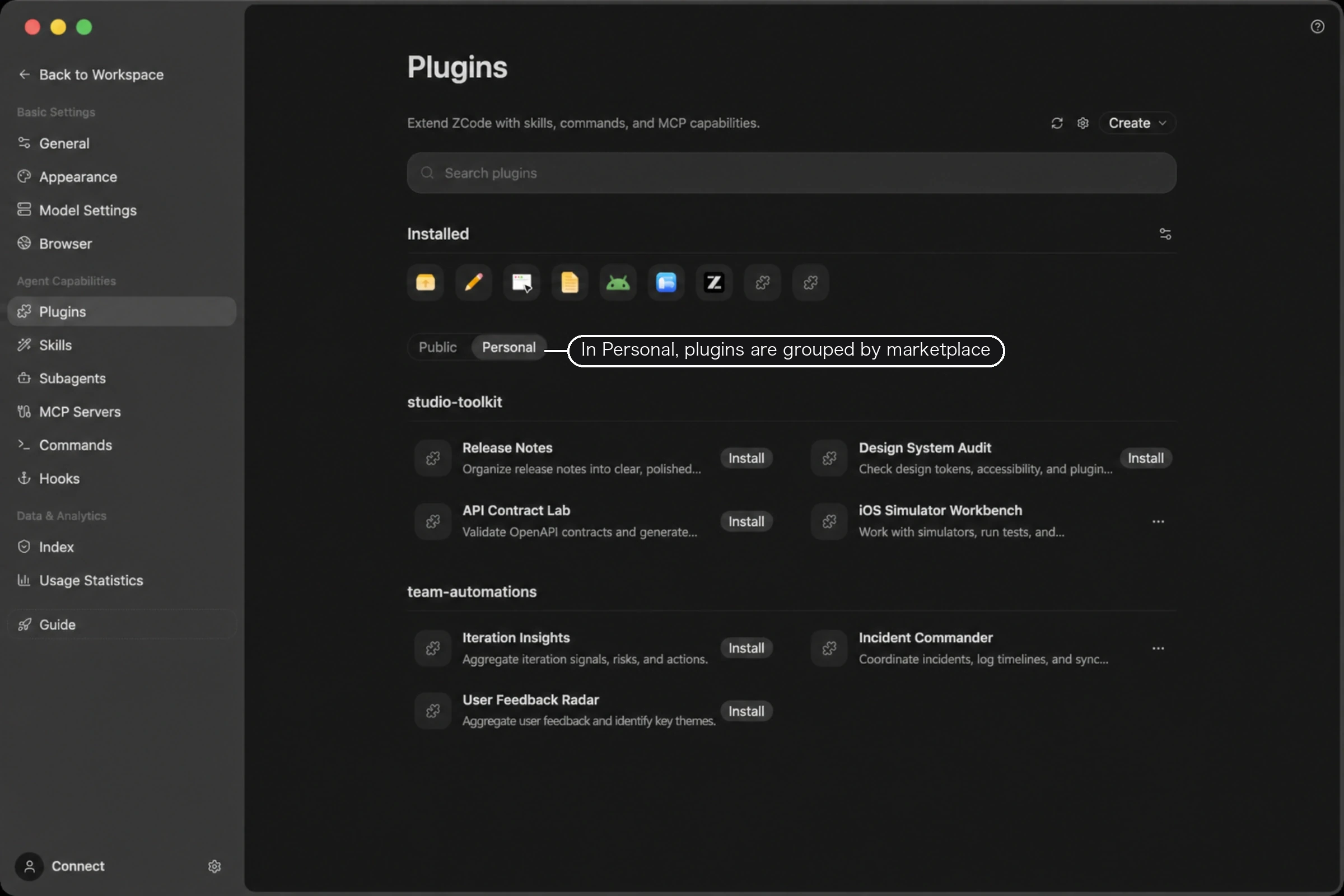 Personal segment: two marketplaces you added yourself, with plugins grouped by marketplace name