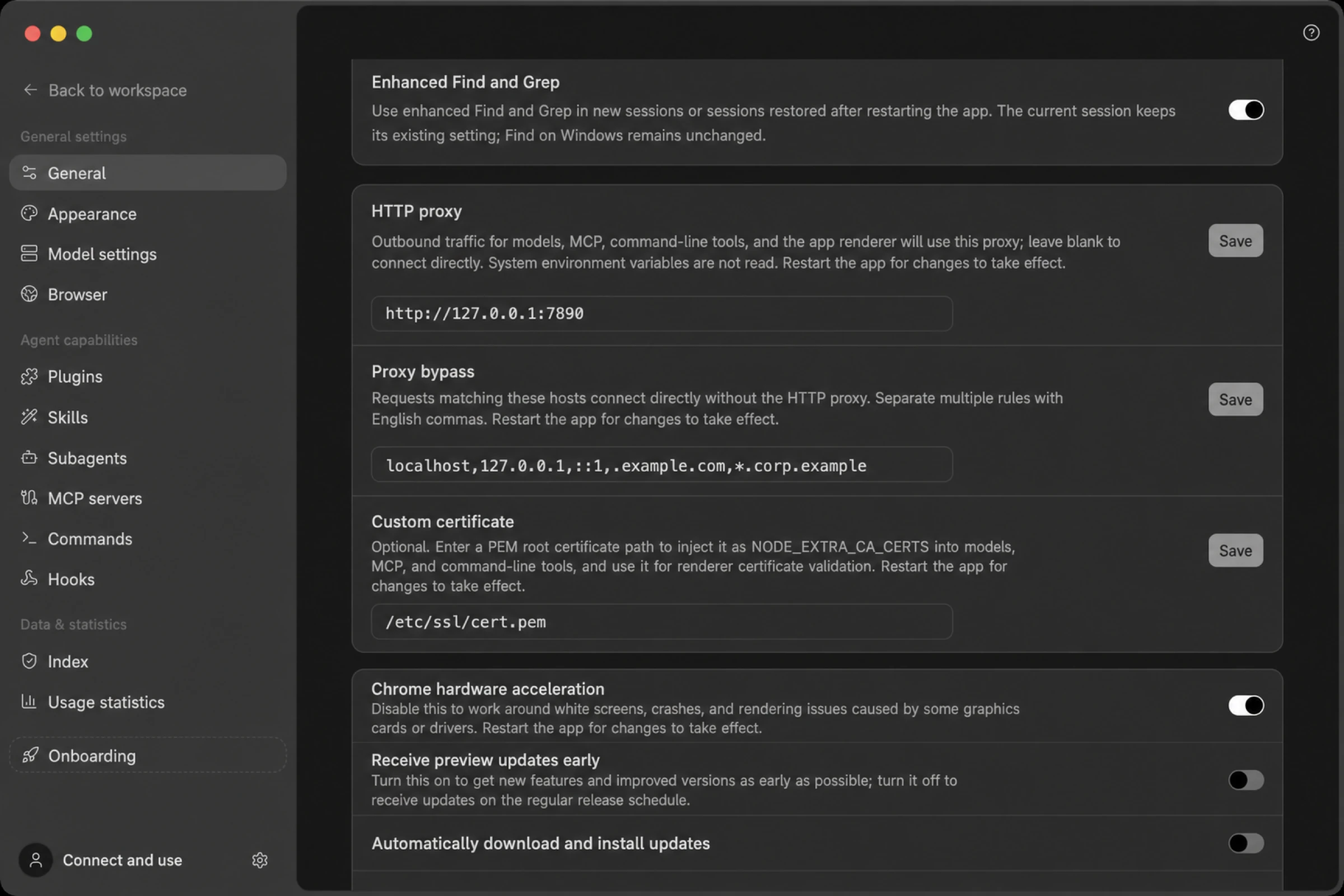 Network proxy under Settings → General: HTTP proxy, proxy bypass, and custom certificate (demo values shown)