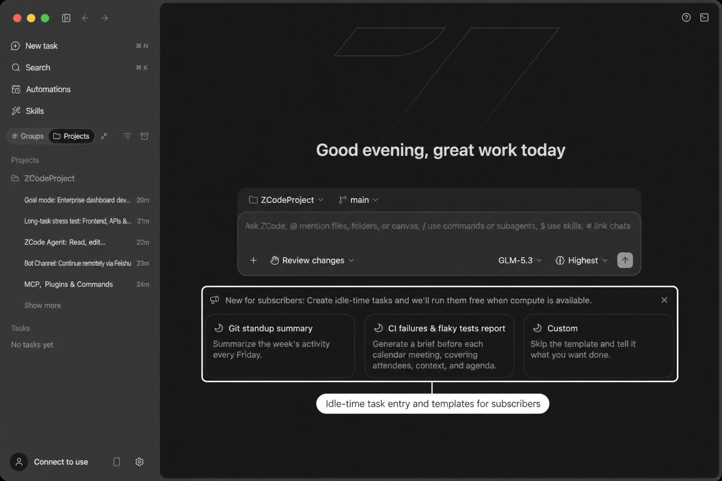 Idle-time task entry on the new task home page: the subscriber banner and ready-to-use task templates