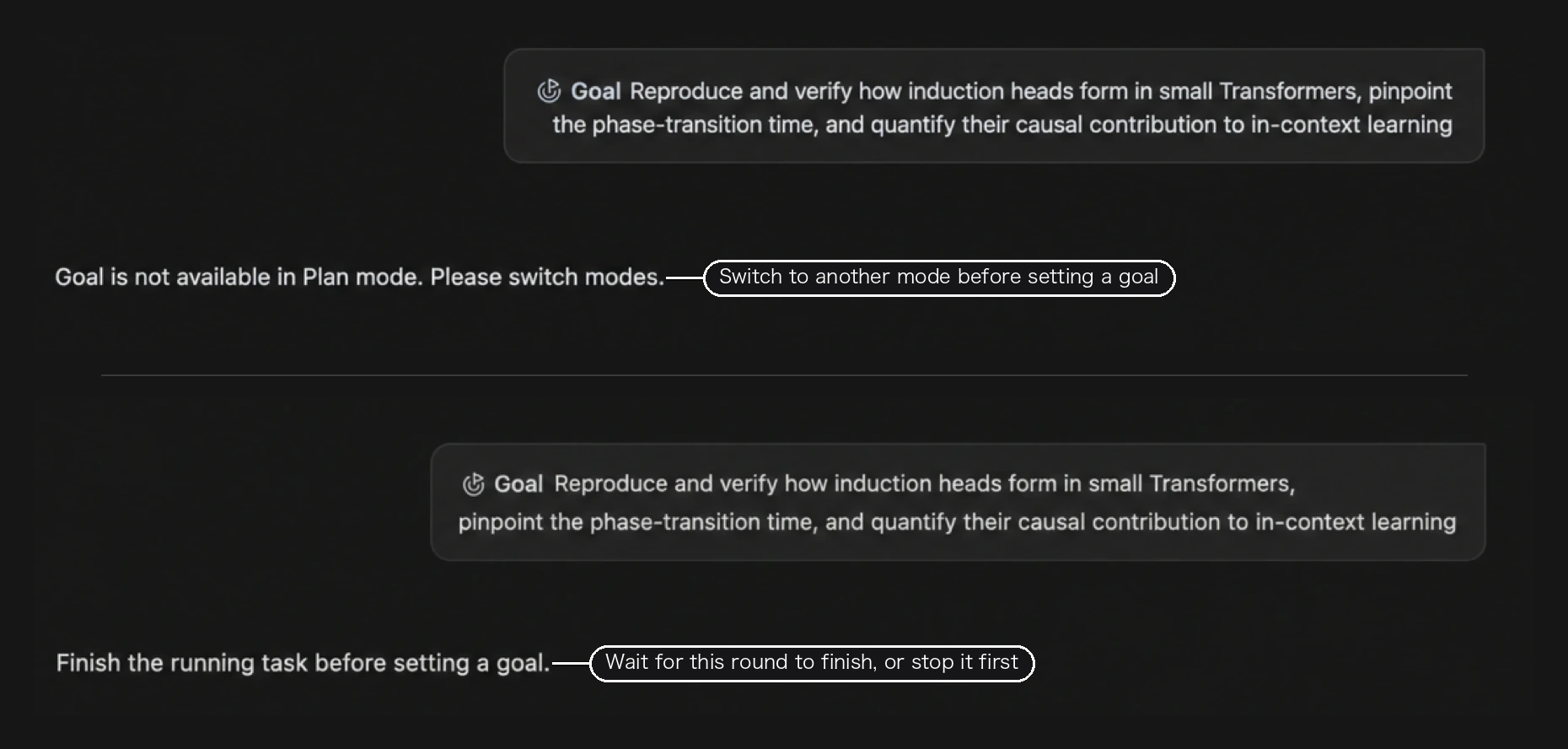 In Plan mode the notice reads "Goal is not available in Plan mode. Please switch modes."; while a task is running it reads "Finish the running task before setting a goal."