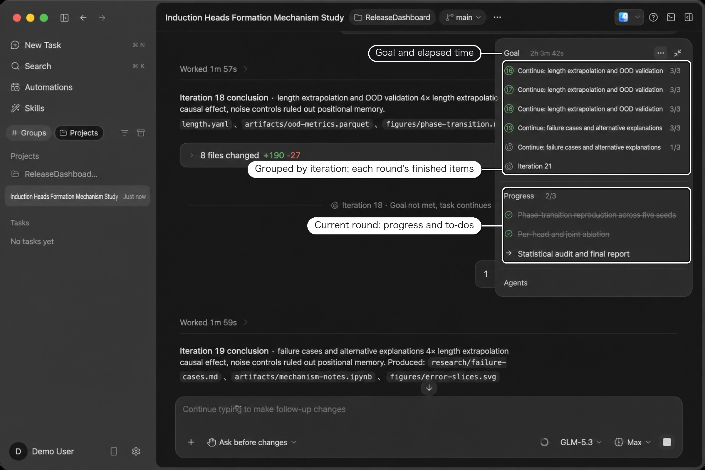 Goal summary panel: the objective and elapsed time, checklist items grouped by iteration, and the current round's progress and to-dos