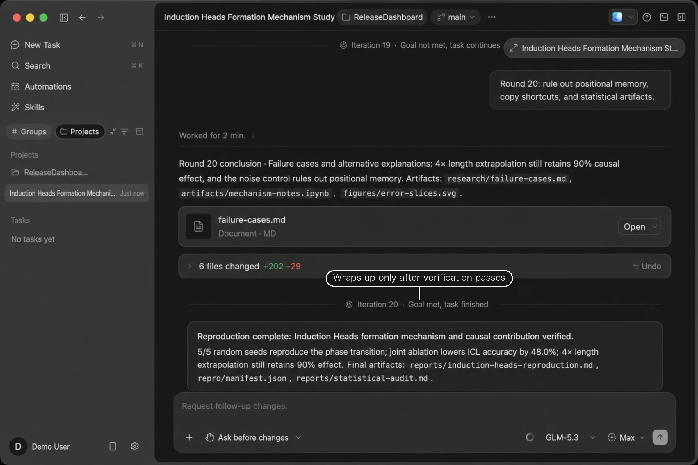 A divider "Iteration 20 · Goal met, task finished" appears in the conversation, followed by the wrap-up summary
