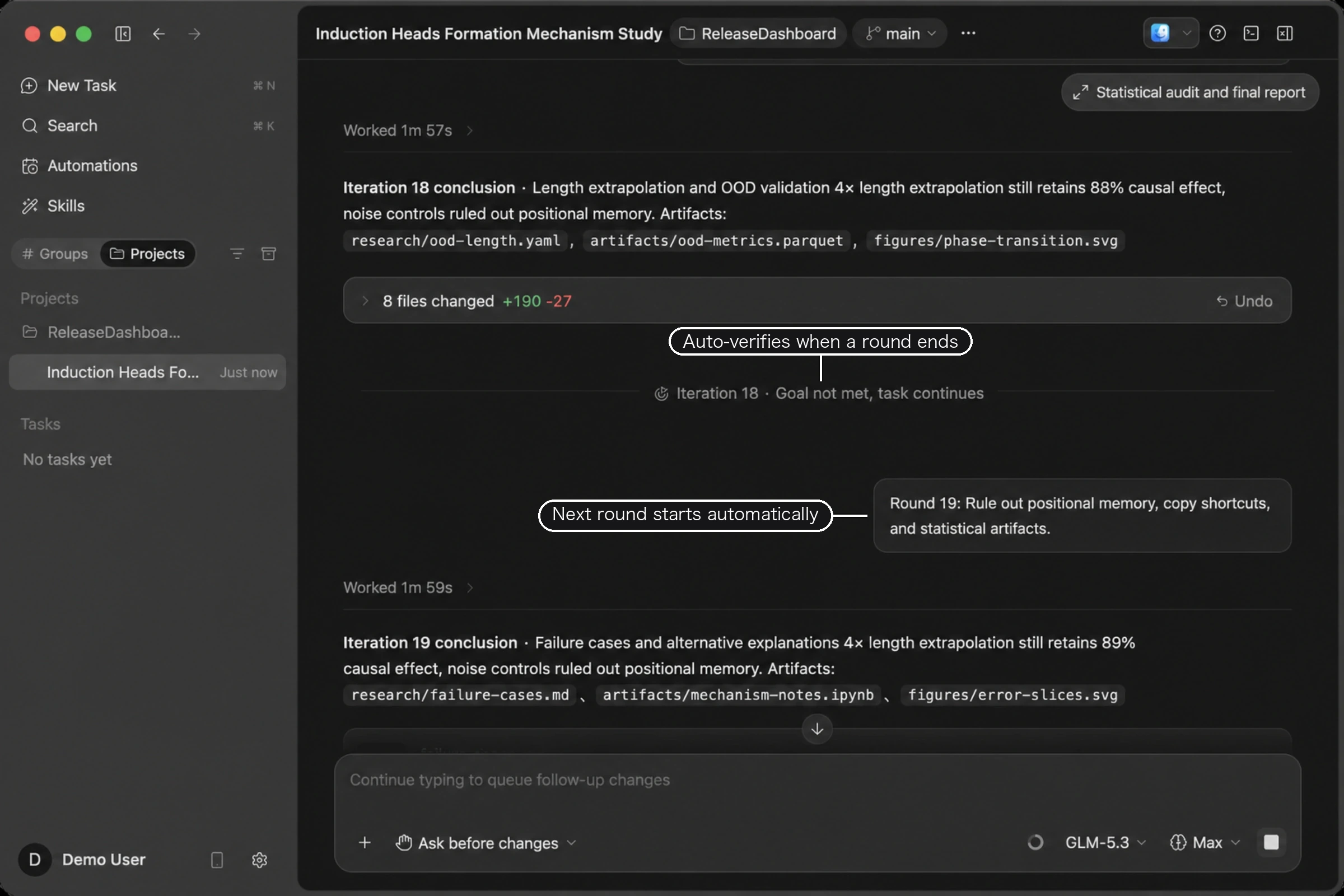 A divider "Iteration 18 · Goal not met, task continues" appears in the conversation, and round 19 follows automatically