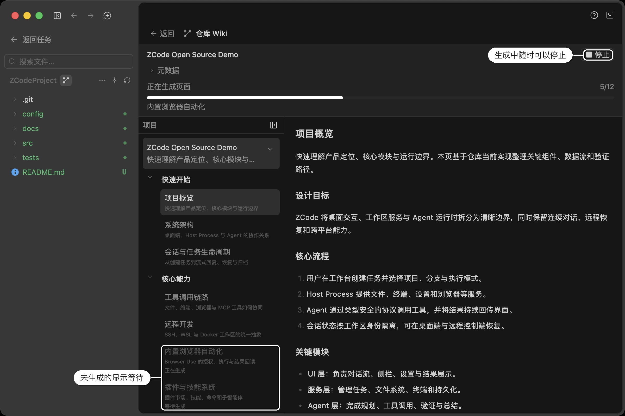 生成中的 Wiki:顶部进度显示 5/12,右上角可随时停止,目录里已完成的页面可点开,未轮到的显示「正在生成」与「等待生成」