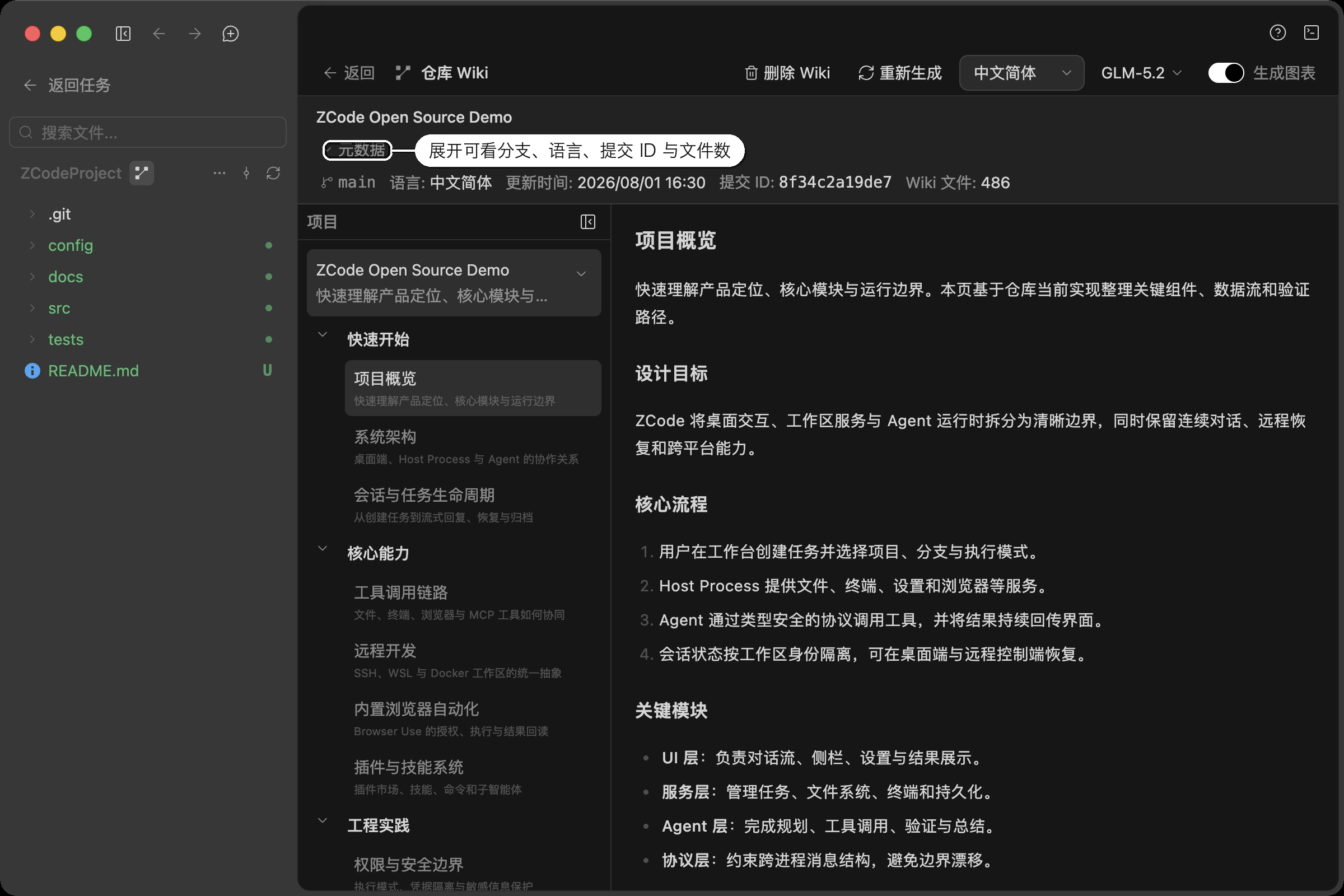 Wiki 阅读视图:左侧目录树、右侧正文,顶部元数据展开后显示分支、语言、更新时间、提交 ID 与 Wiki 文件数