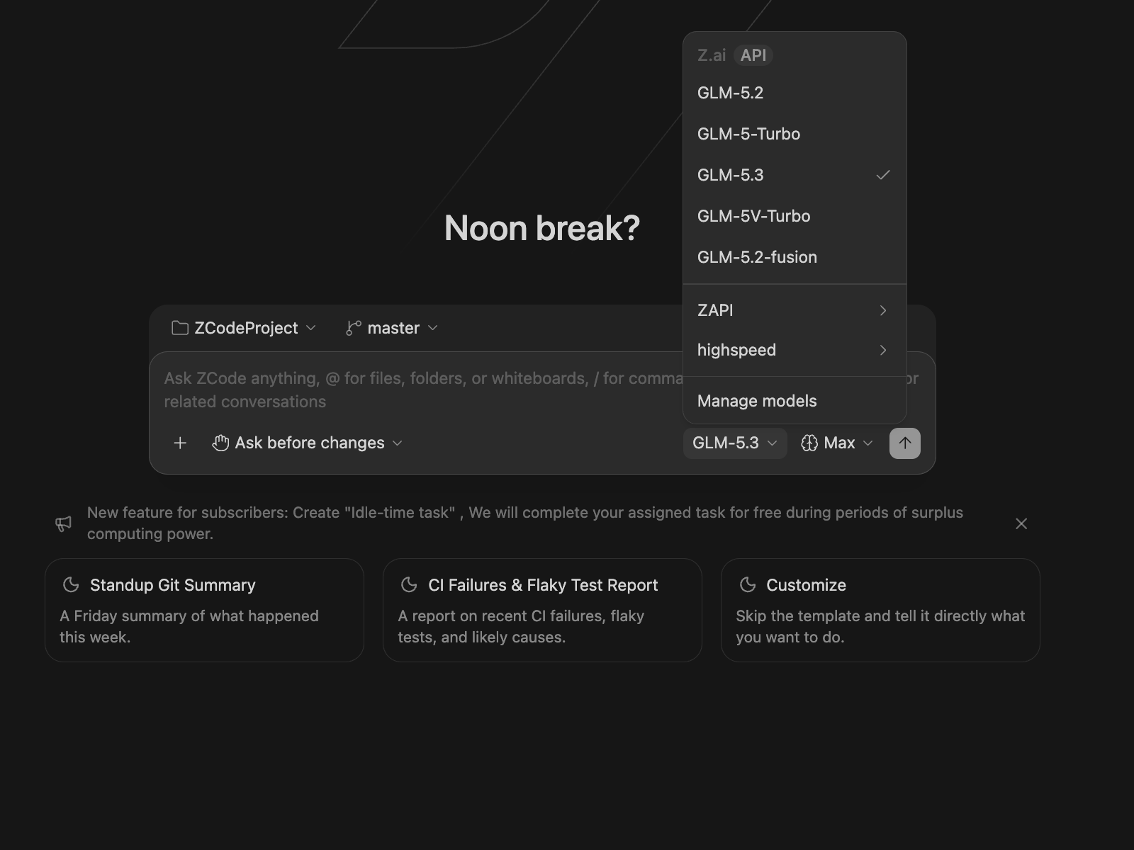 Model selector with GLM-5.3 and the Manage models entry