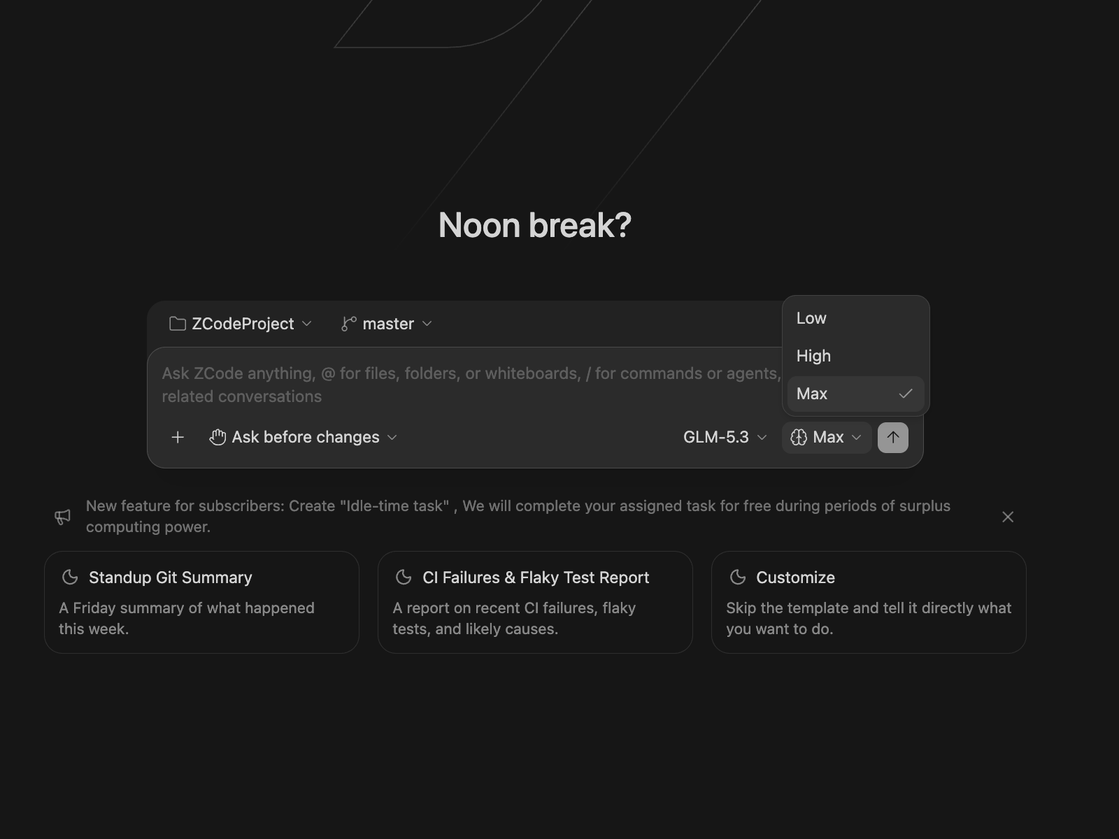 GLM-5.3 thought-level menu with Max selected