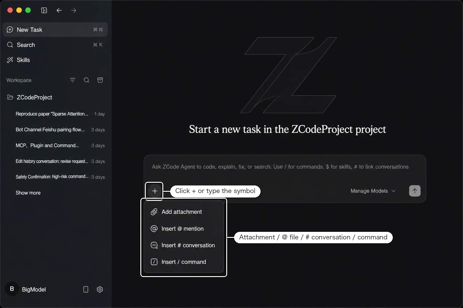 ZCode Agent input "+" menu