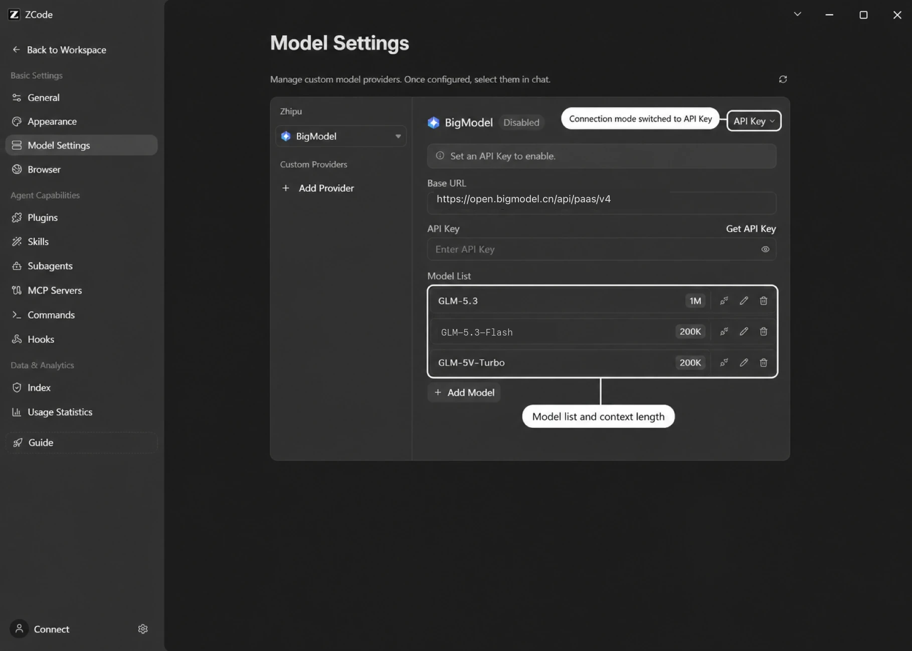 BigModel API Key connection mode; the resource package / prepaid balance setup uses the general OpenAI endpoint, with GLM-5.3 and GLM-5.3-Flash in the model list