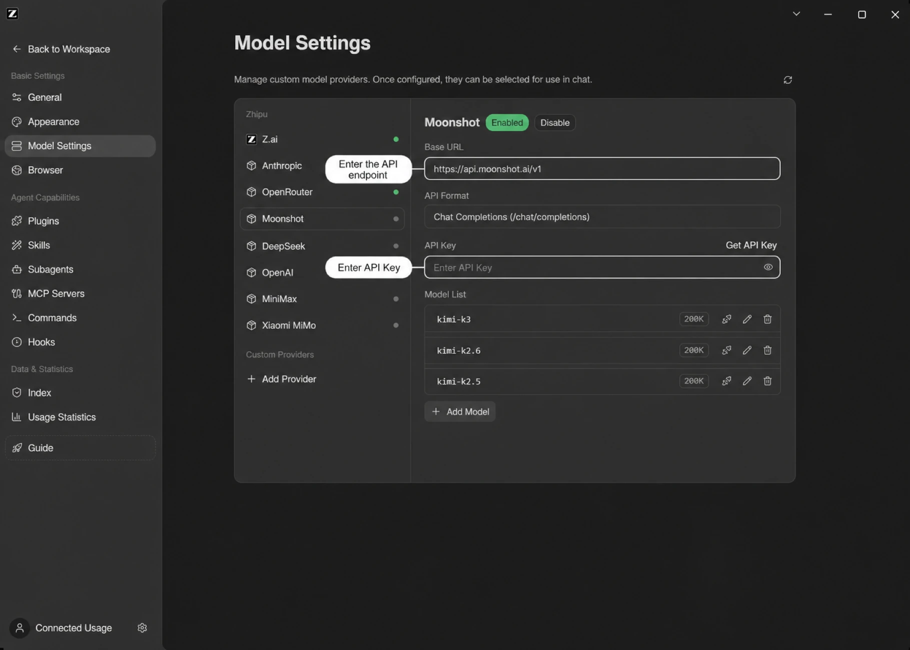 Moonshot provider settings