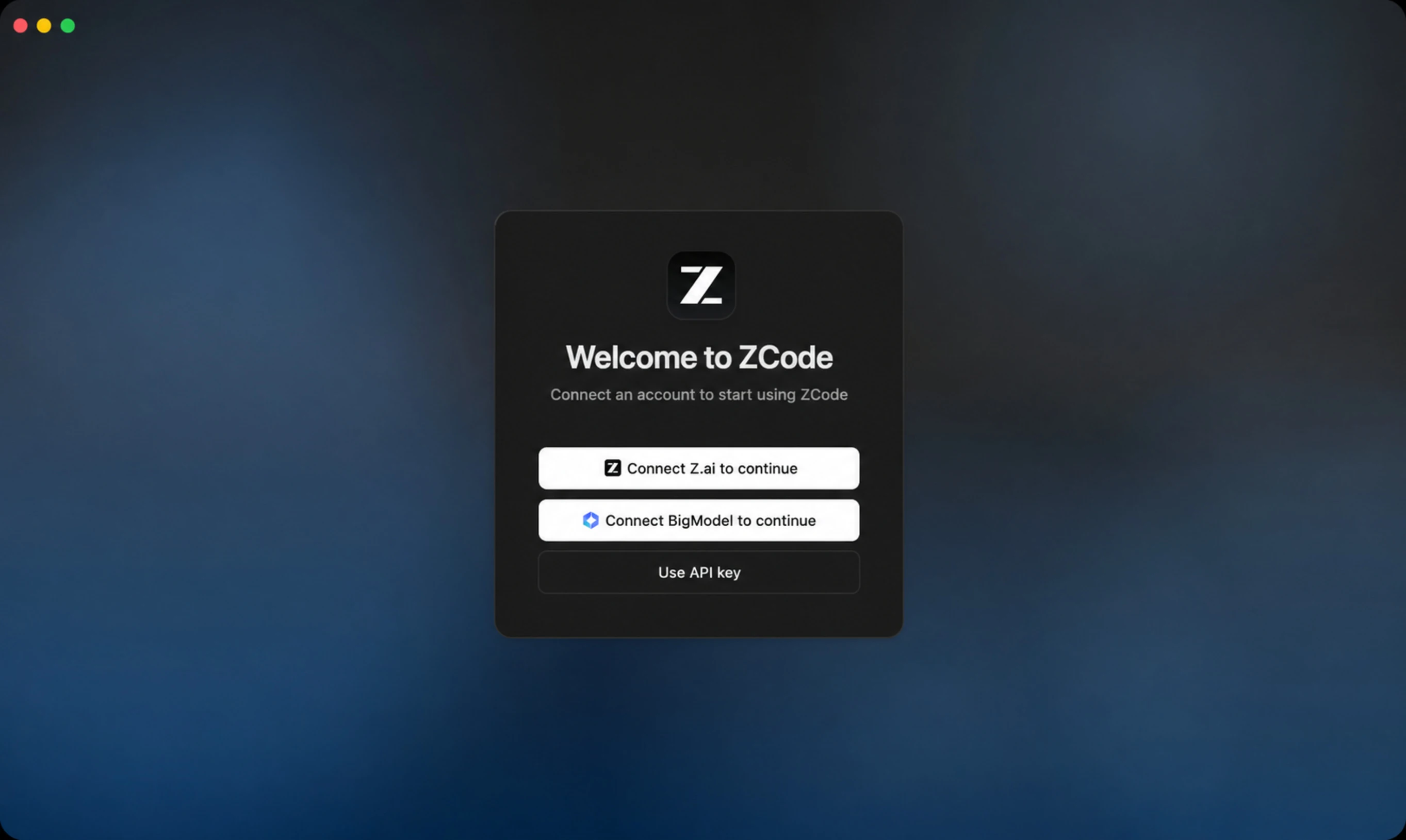 ZCode welcome screen: connect an account