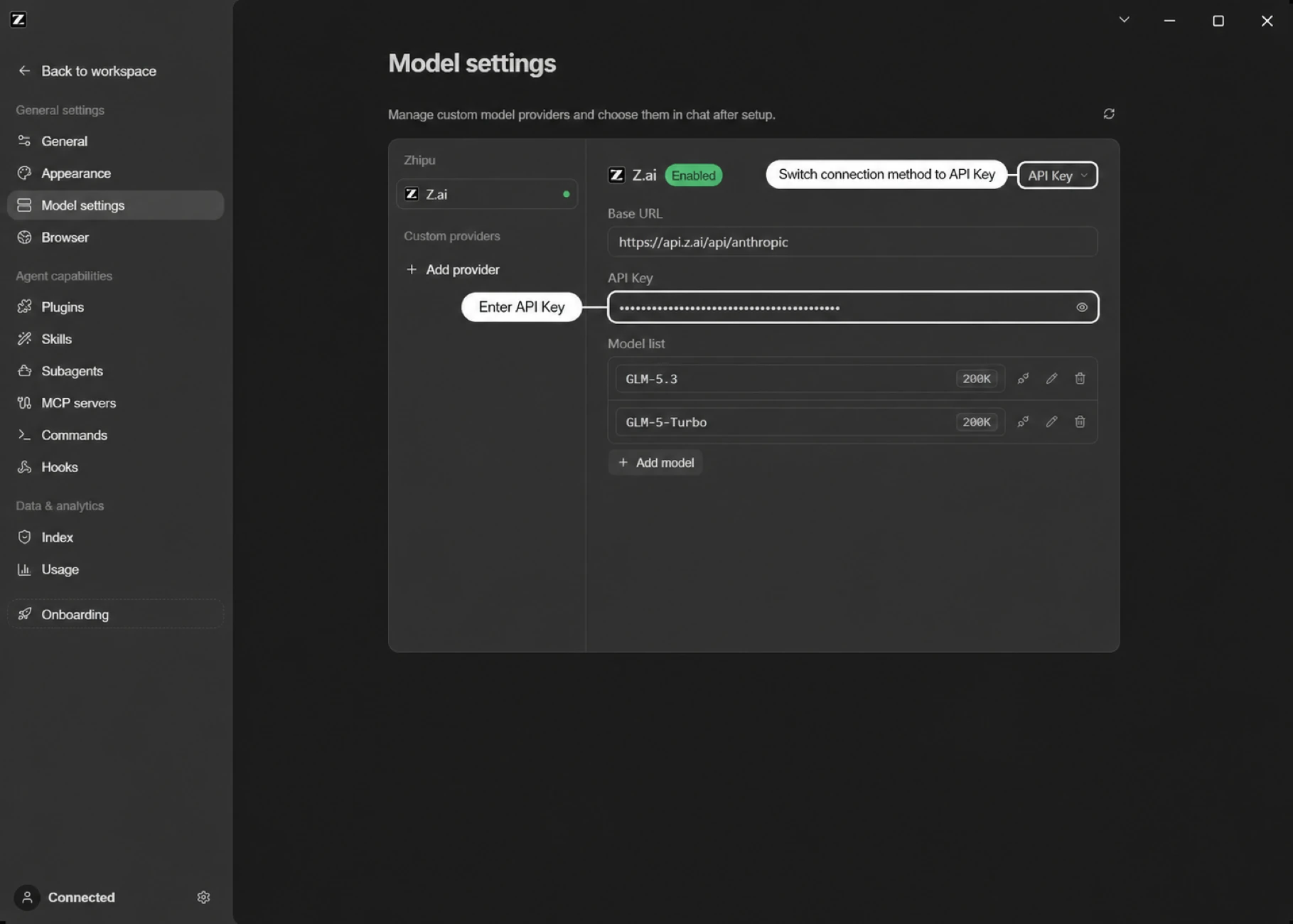 Z.ai API Key connection mode; the model list includes GLM-5.3