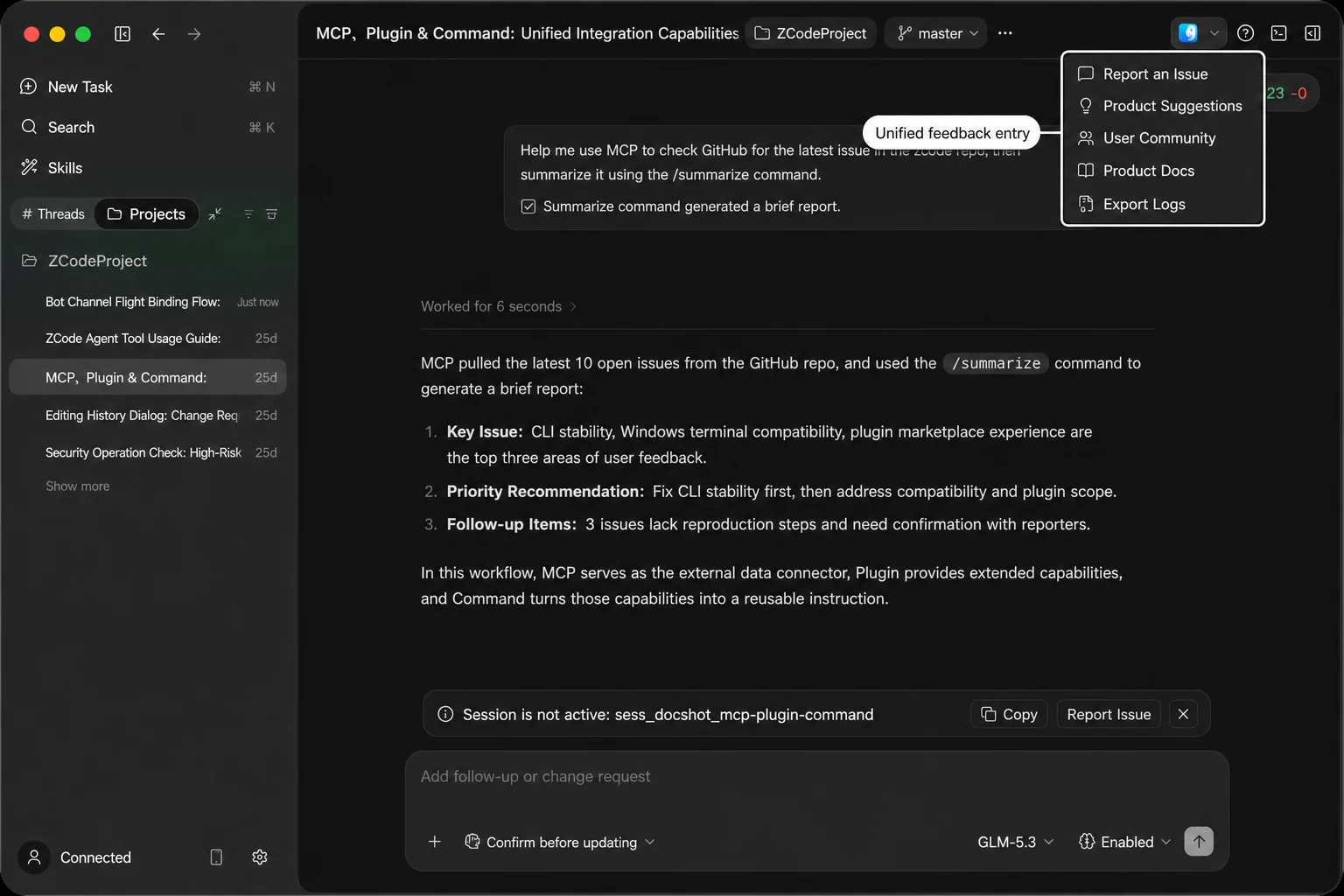 Unified feedback menu in the top-right corner