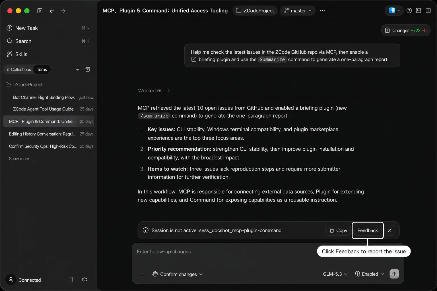 Feedback action on an error banner