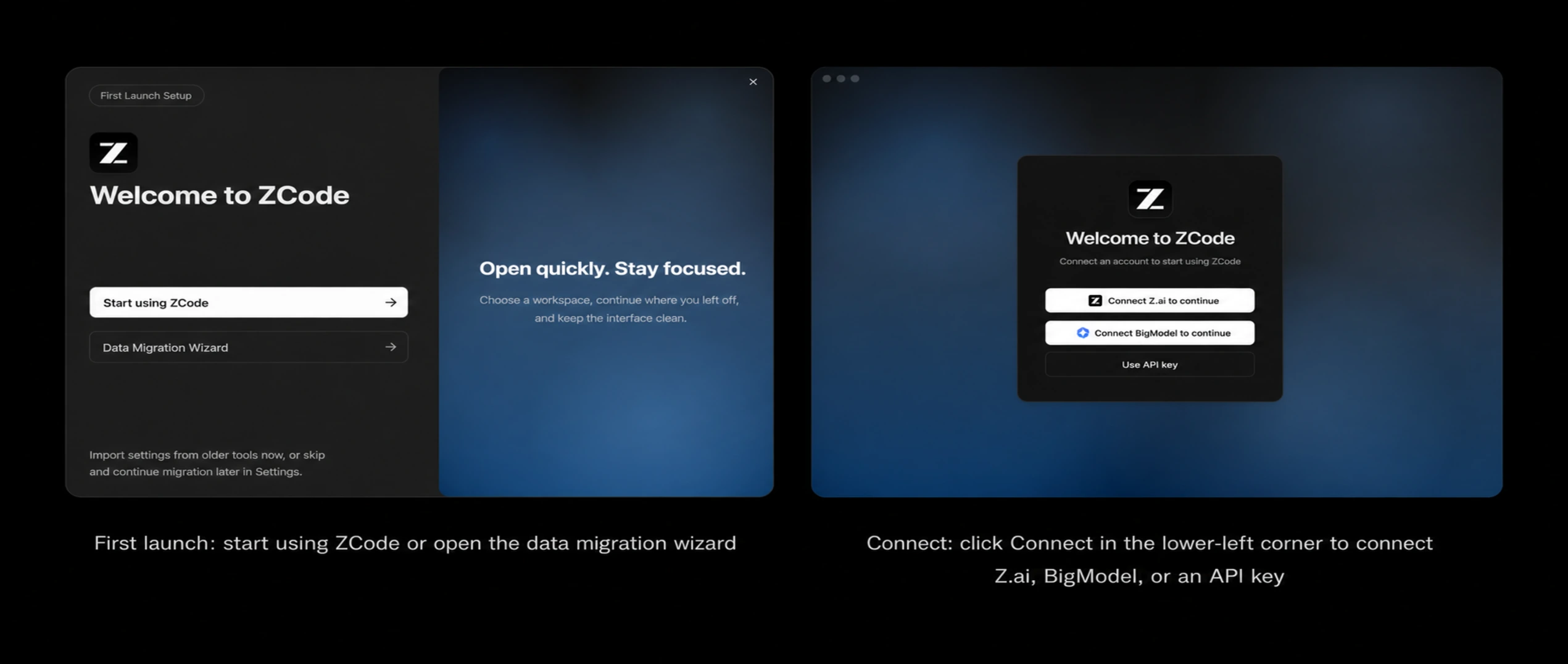 ZCode first launch and sign-in screens