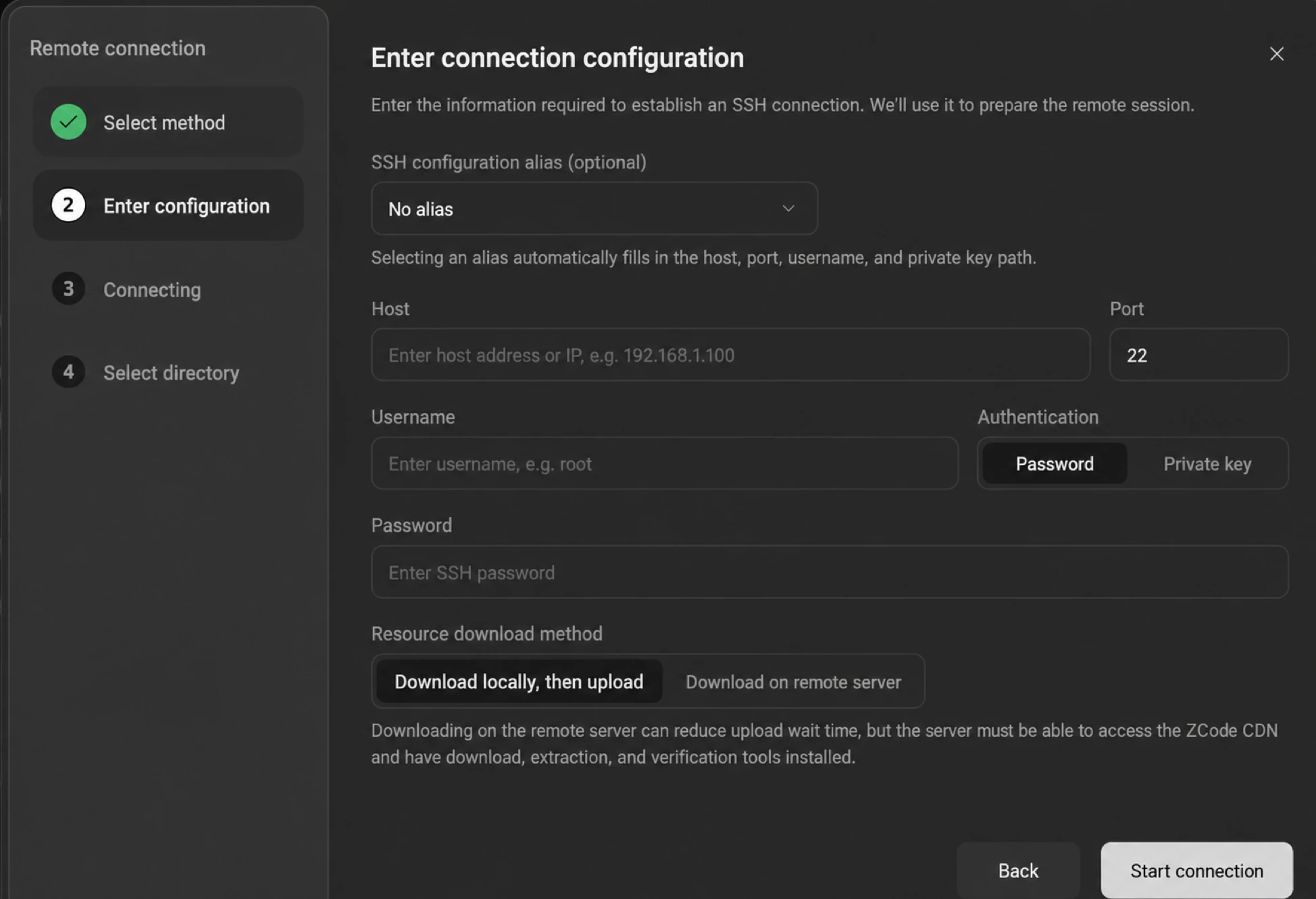 Fill SSH connection configuration