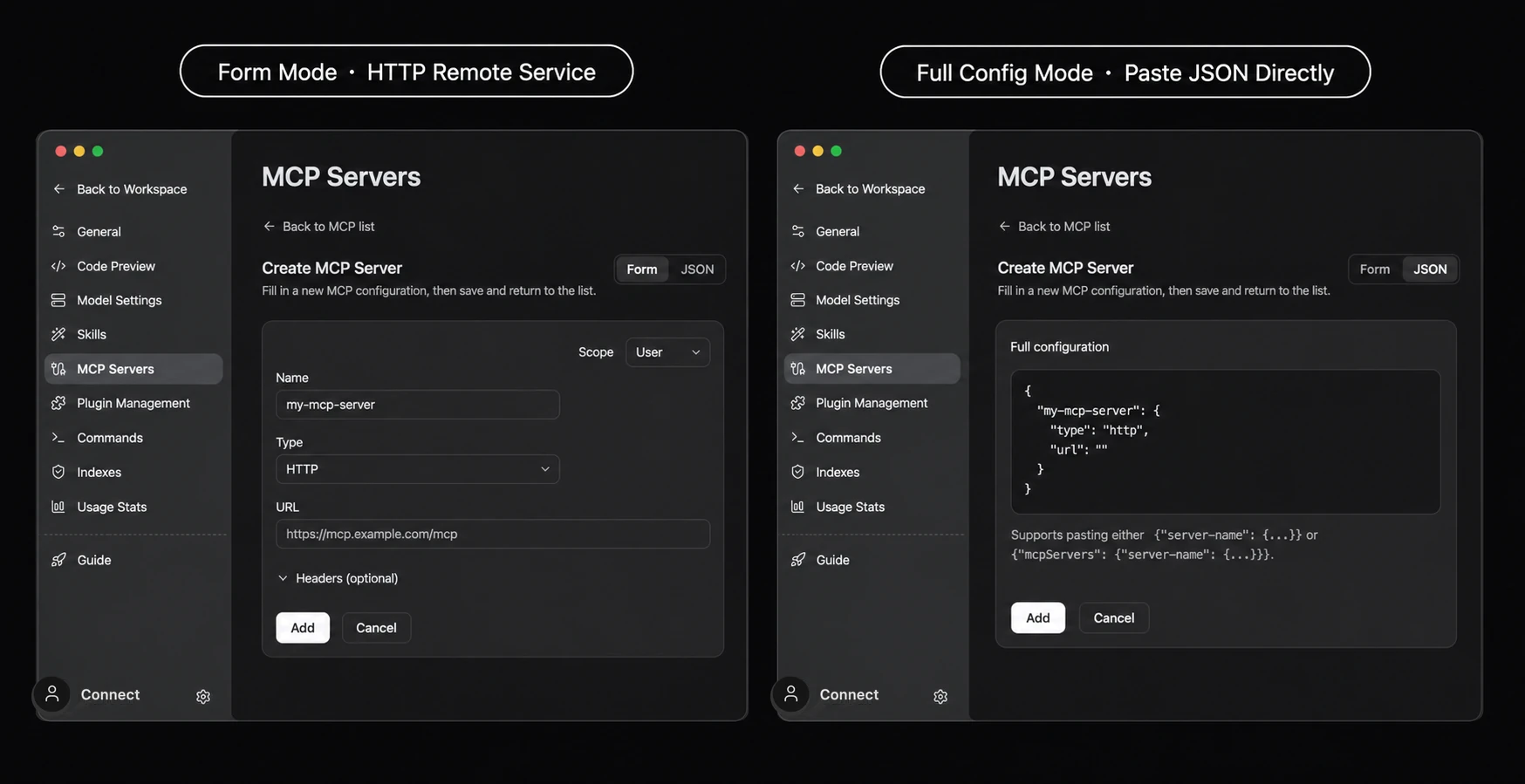 Left: HTTP remote service form; right: full configuration mode for pasting JSON directly
