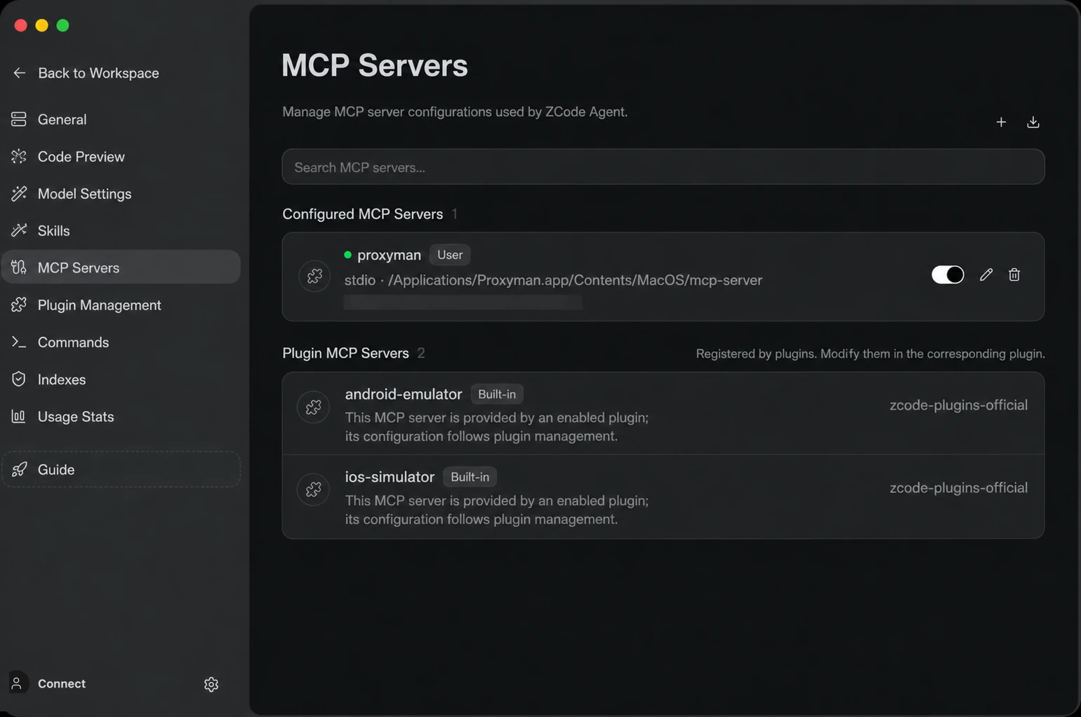 MCP list grouped by source: configured servers can be managed directly, while plugin services are managed by their plugin