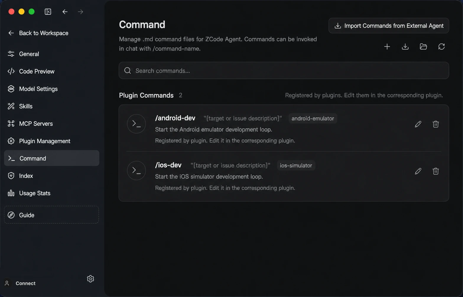 Import commands from an external Agent